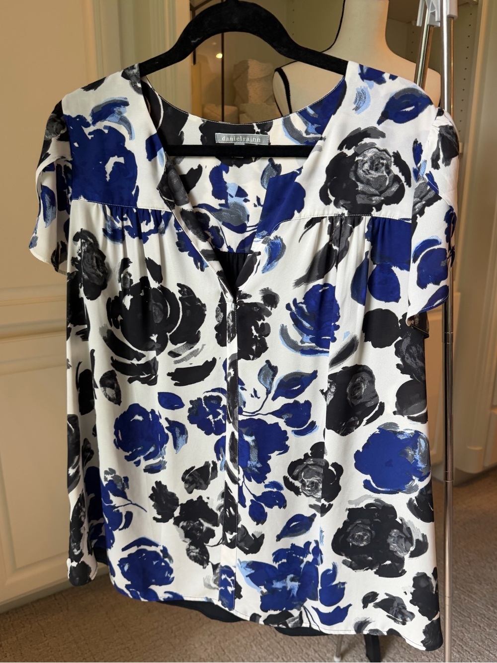 Daniel Rainn White Blouse with Blue & Black Floral Print